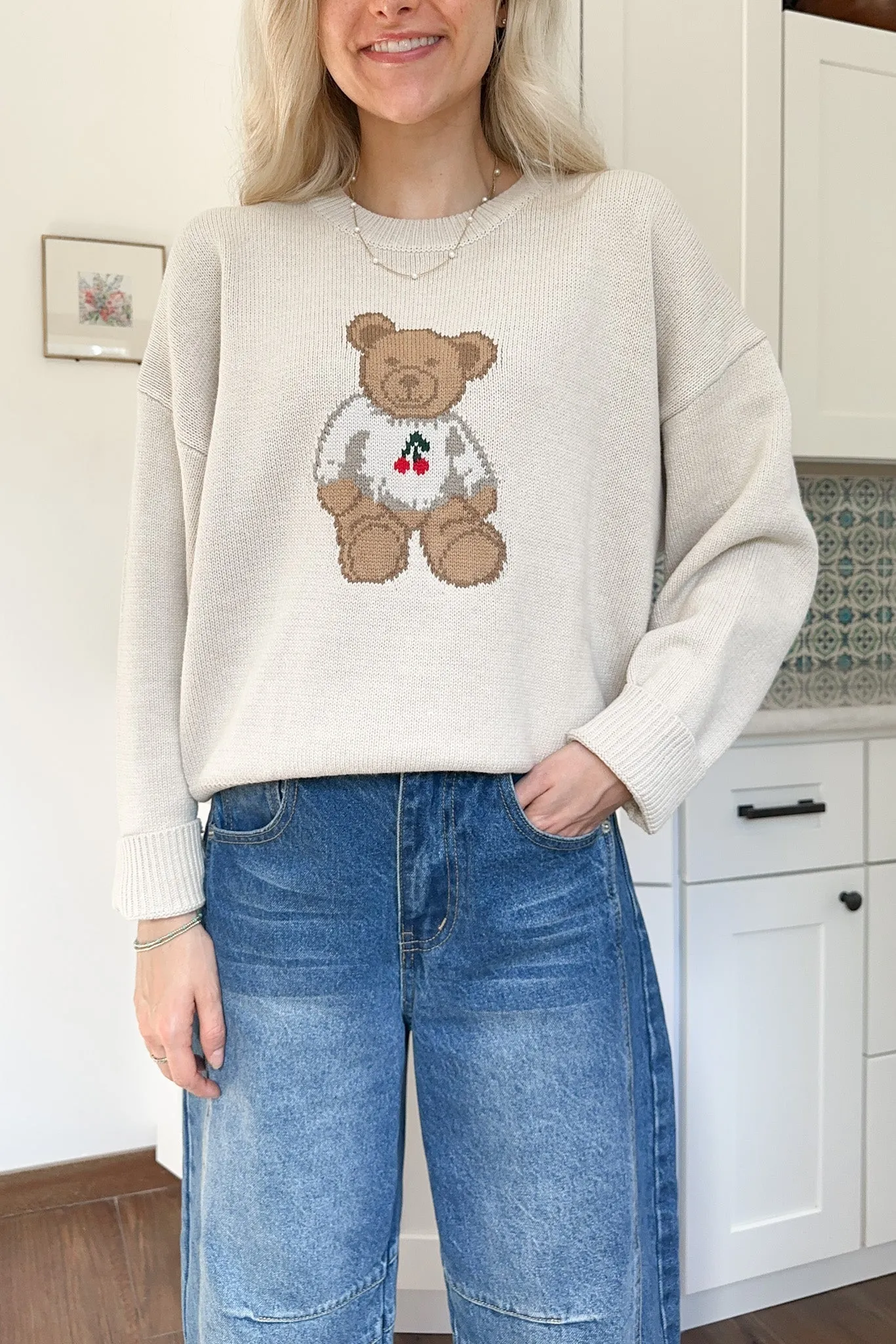 Winnie Crew Neck Teddy Bear Sweater in Cream