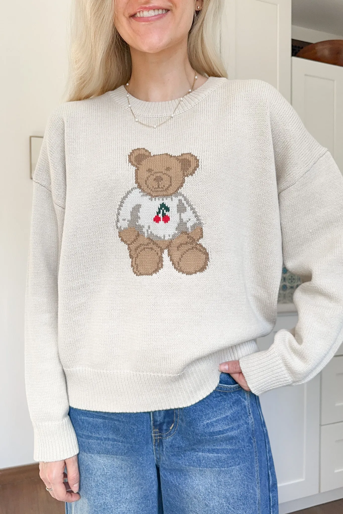 Winnie Crew Neck Teddy Bear Sweater in Cream