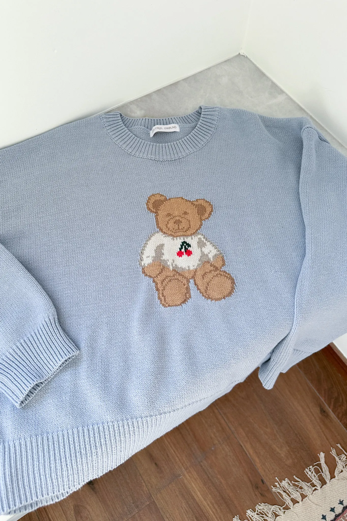 Winnie Crew Neck Teddy Bear Sweater in Dusty Blue