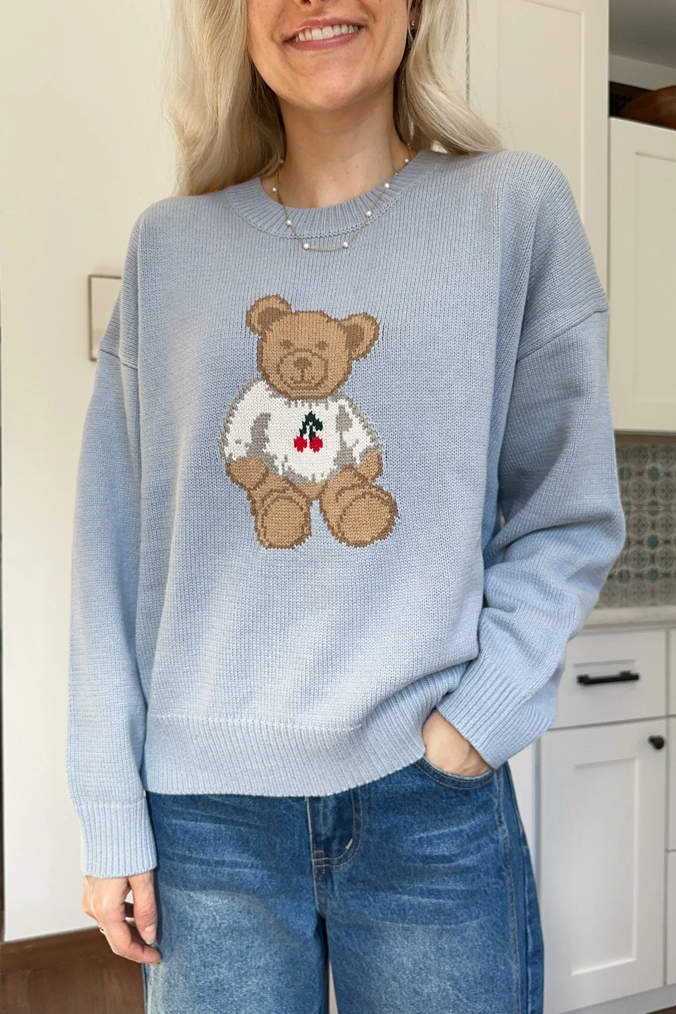 Winnie Crew Neck Teddy Bear Sweater in Dusty Blue