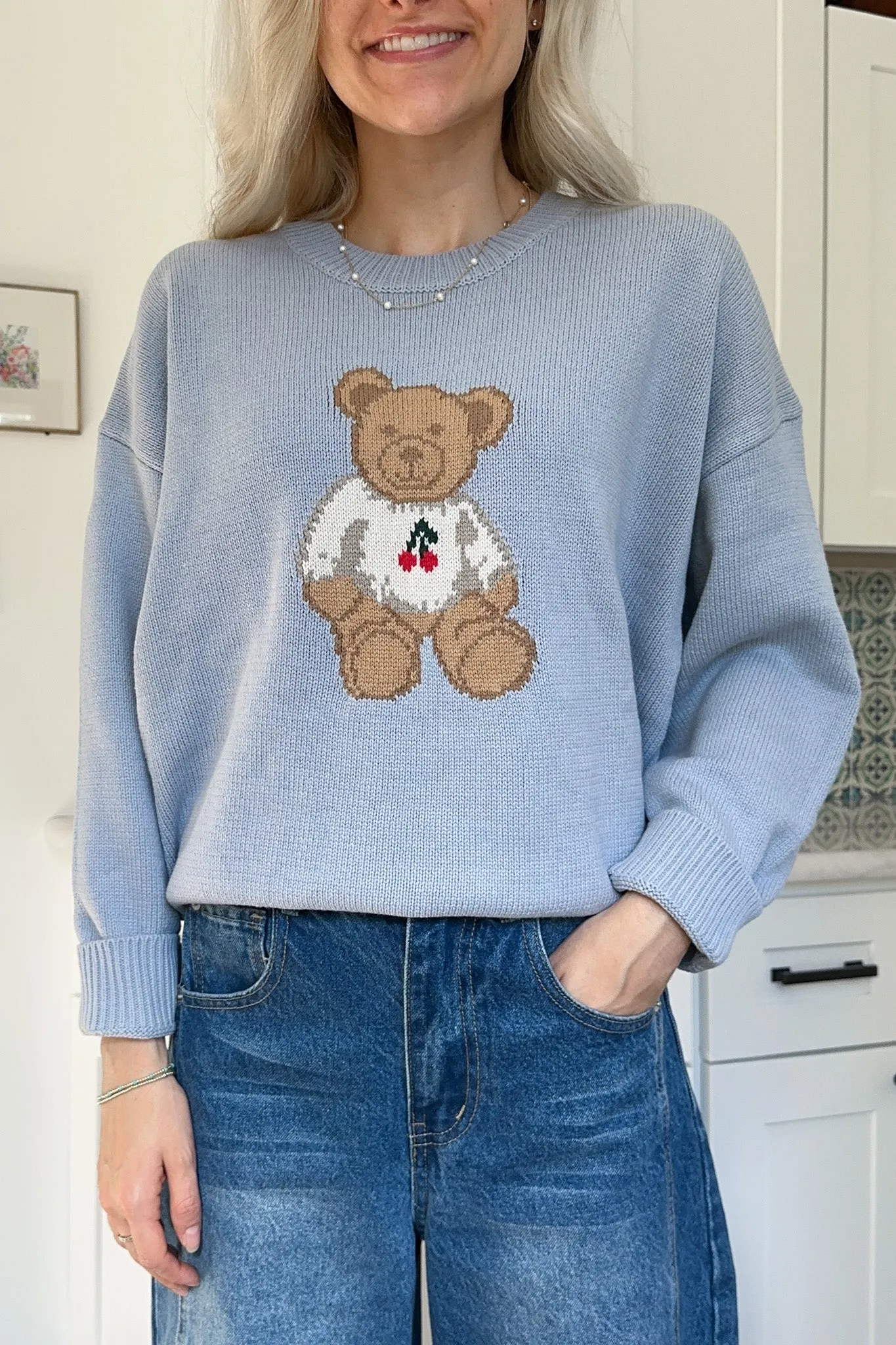 Winnie Crew Neck Teddy Bear Sweater in Dusty Blue