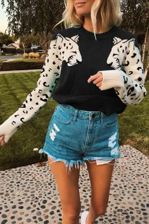 Women Knitted Leopard Print Design Sweater