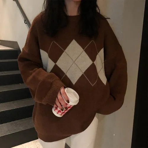 Women Knitted Sweater | Geometric Pattern Sweater | Korean Style College Girl Sweater | Casual Regular Sweater | Female Long Sleeve Oversize