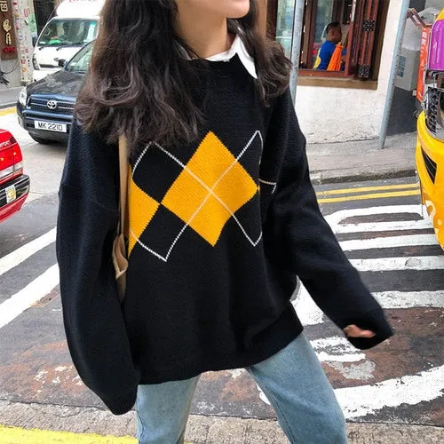 Women Knitted Sweater | Geometric Pattern Sweater | Korean Style College Girl Sweater | Casual Regular Sweater | Female Long Sleeve Oversize