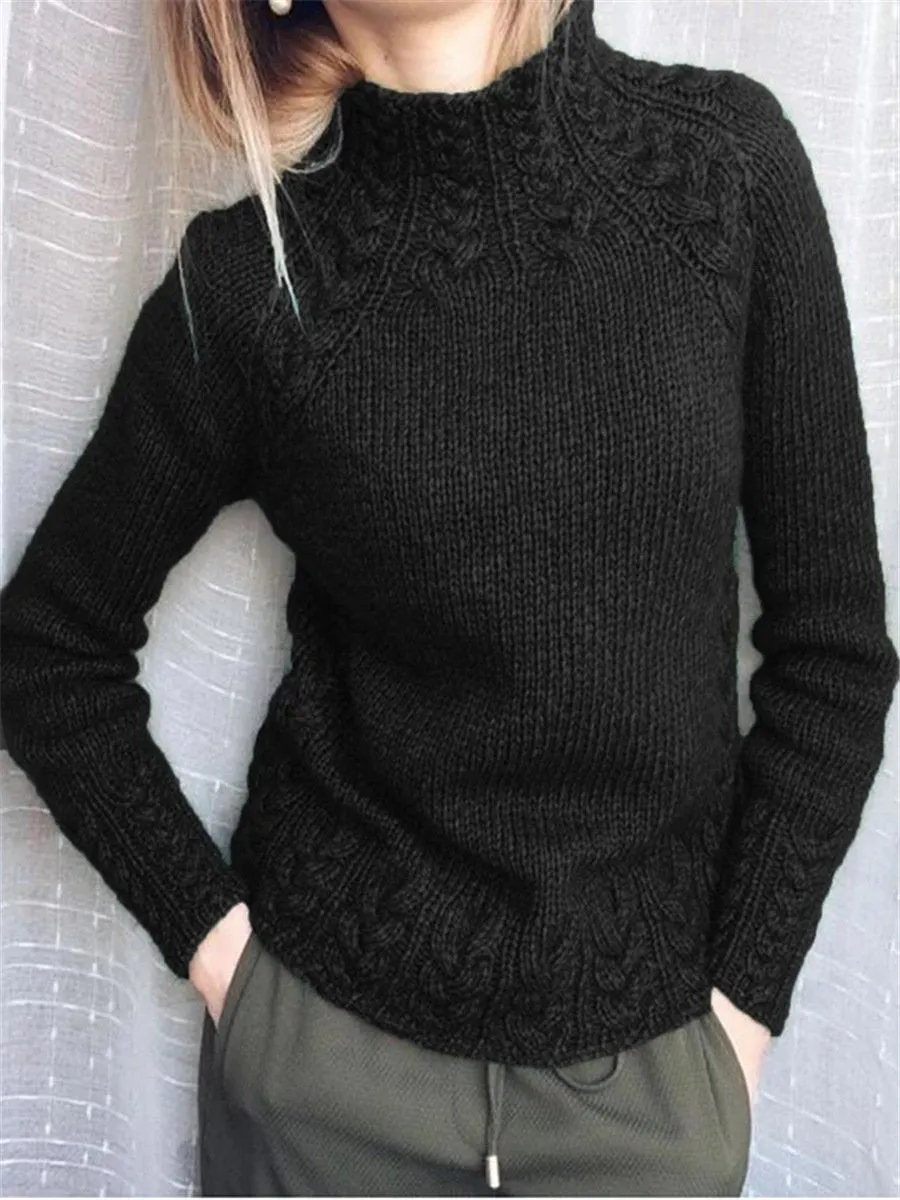 Women Vintage Green Cotton-Blend Turtleneck Sweater