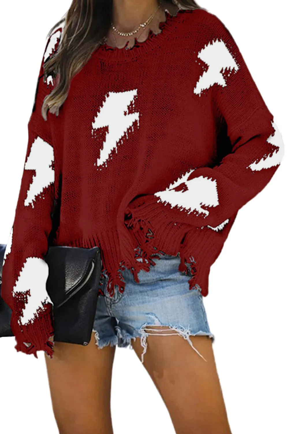 Women's Bell Sleeves Lightning Print Distressed Sweater