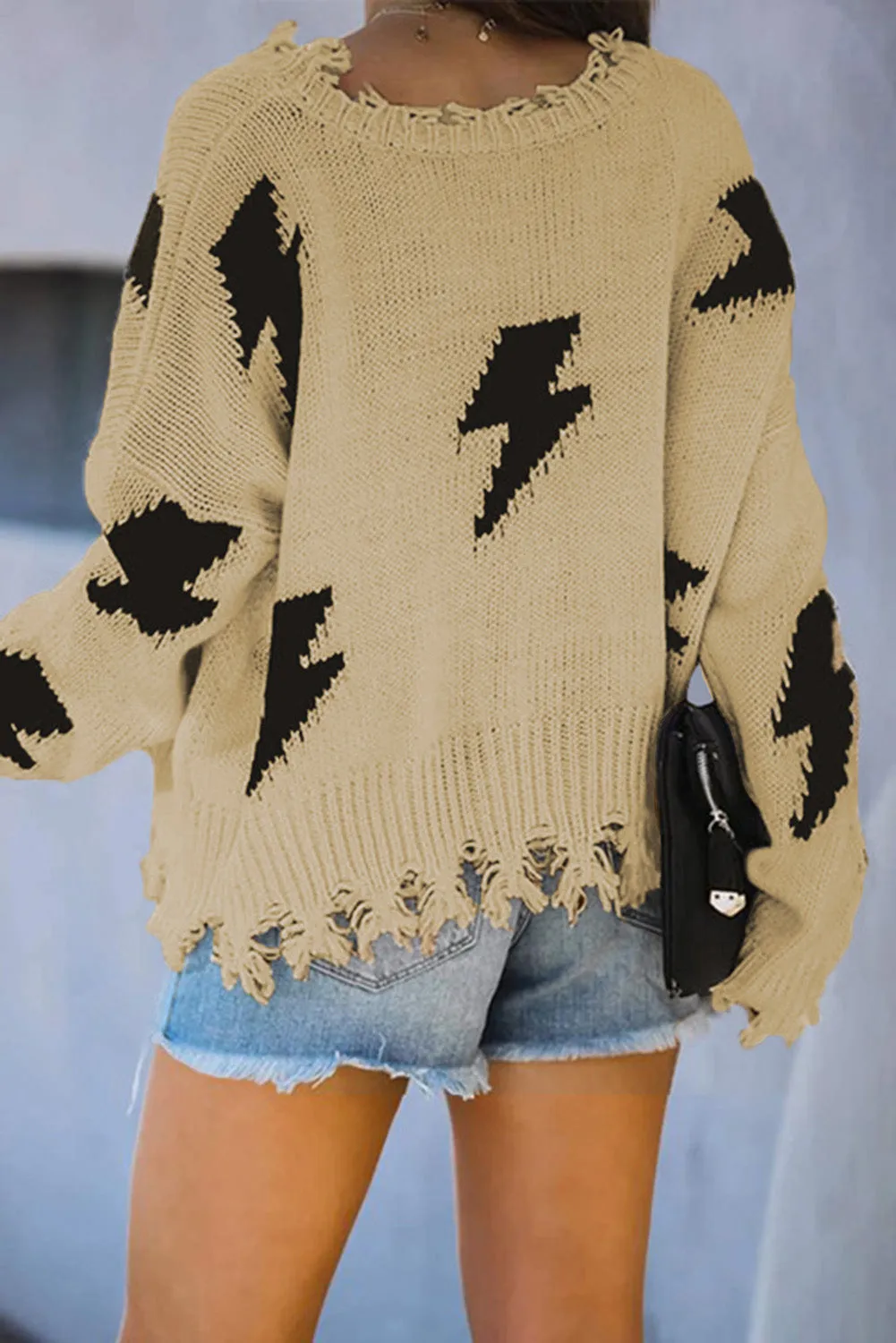 Women's Bell Sleeves Lightning Print Distressed Sweater