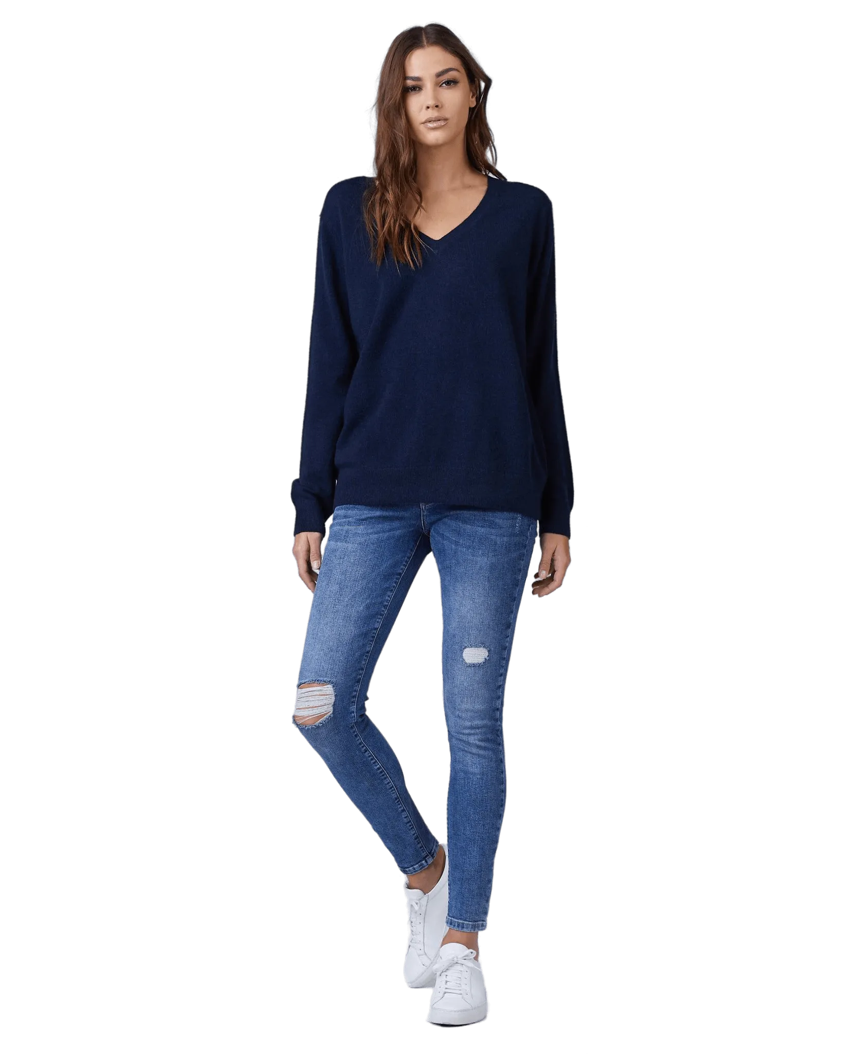 Women's Cashmere V-Neck Sweater in Navy