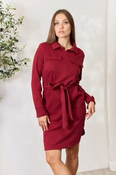 Women's Culture Code Full Size Tie Front Half Zip Long Sleeve Shirt Dress