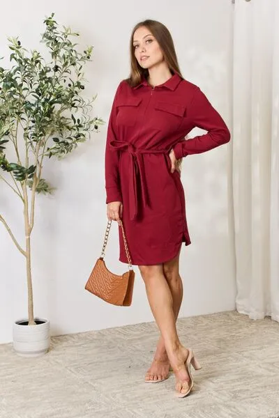 Women's Culture Code Full Size Tie Front Half Zip Long Sleeve Shirt Dress