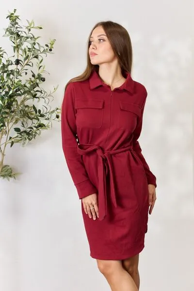 Women's Culture Code Full Size Tie Front Half Zip Long Sleeve Shirt Dress