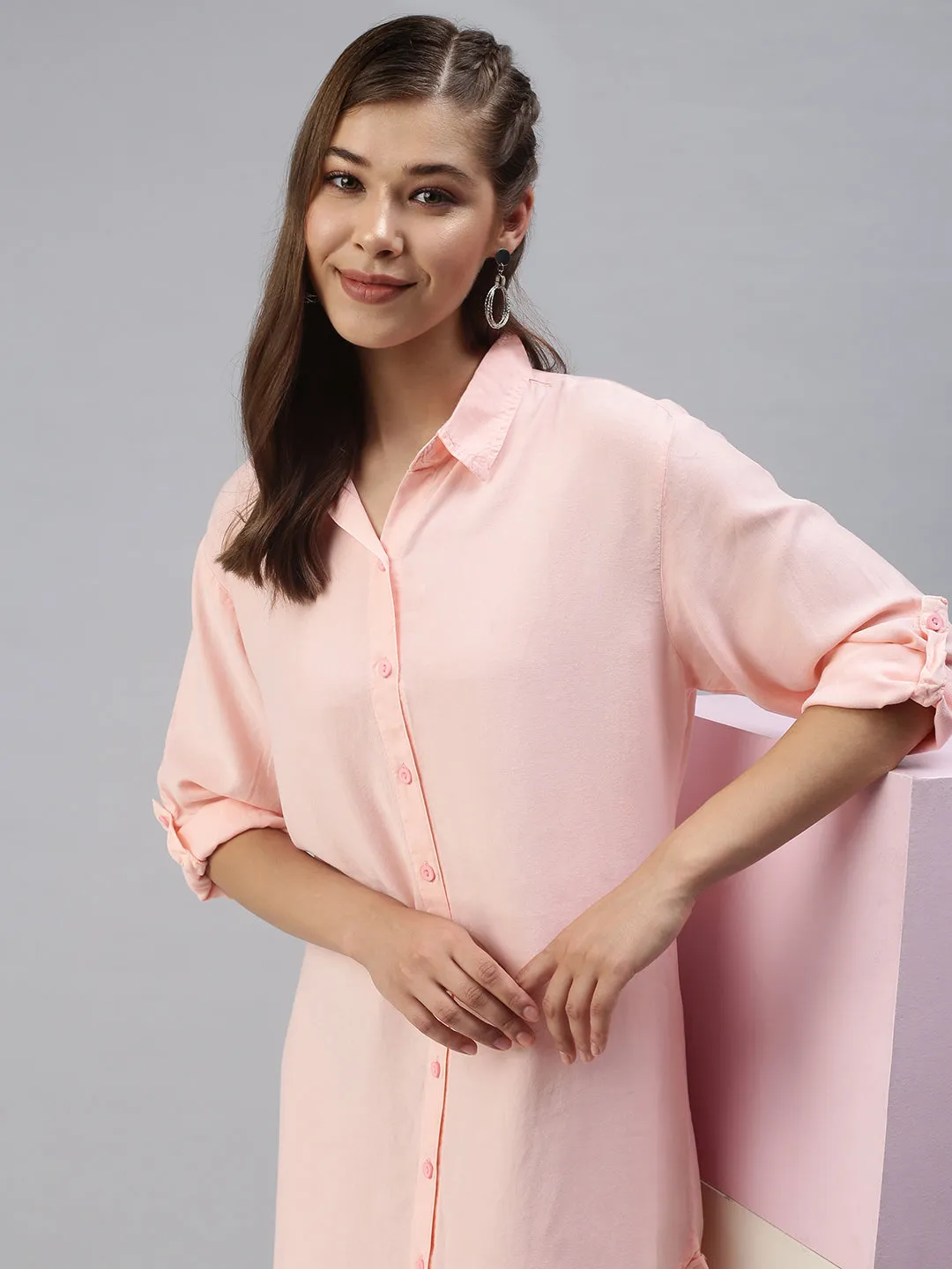 Women's Pink Solid Shirt Dress