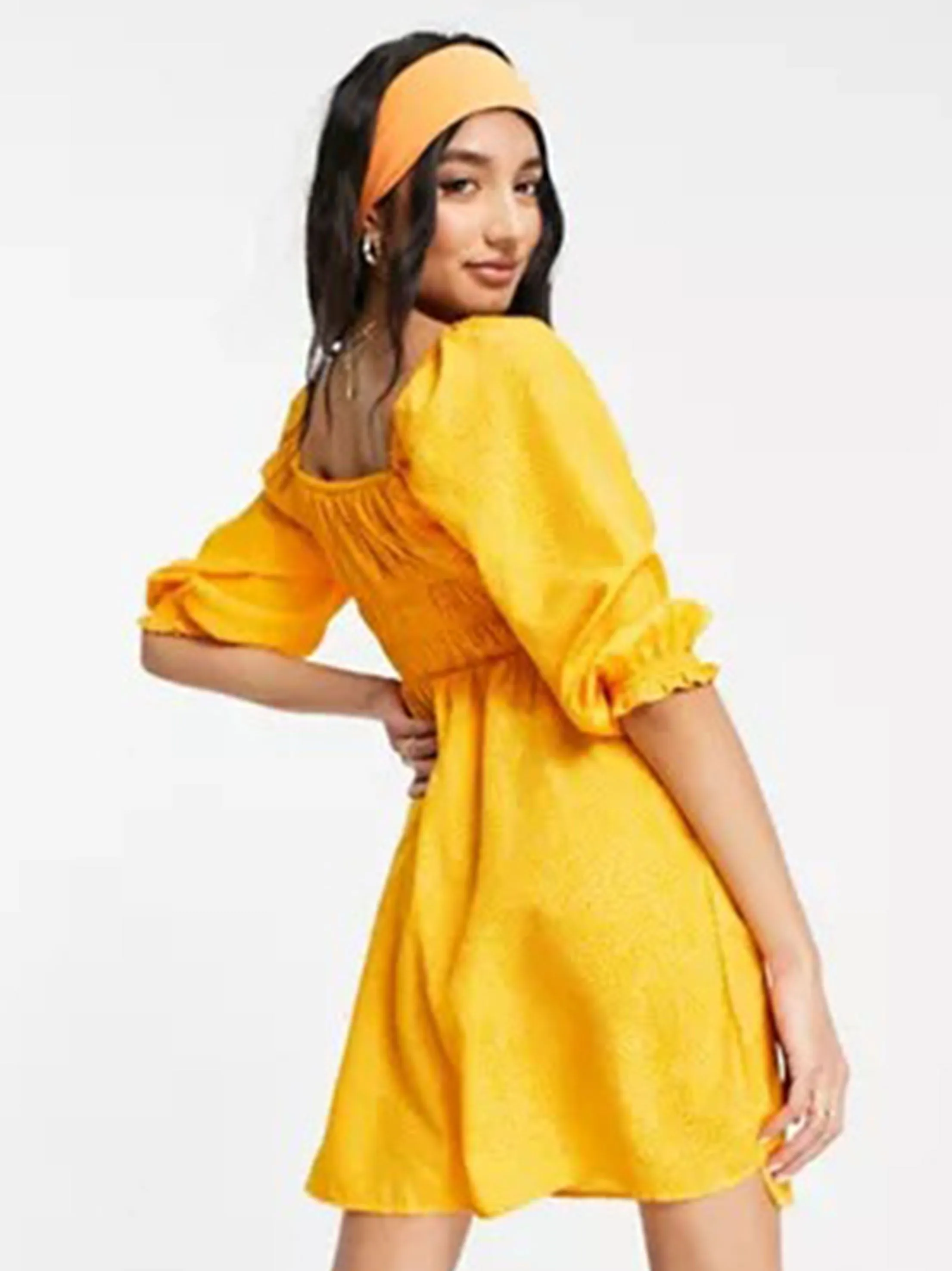 Women's Shirred Bust Puff Sleeve Mini Dress,Orange