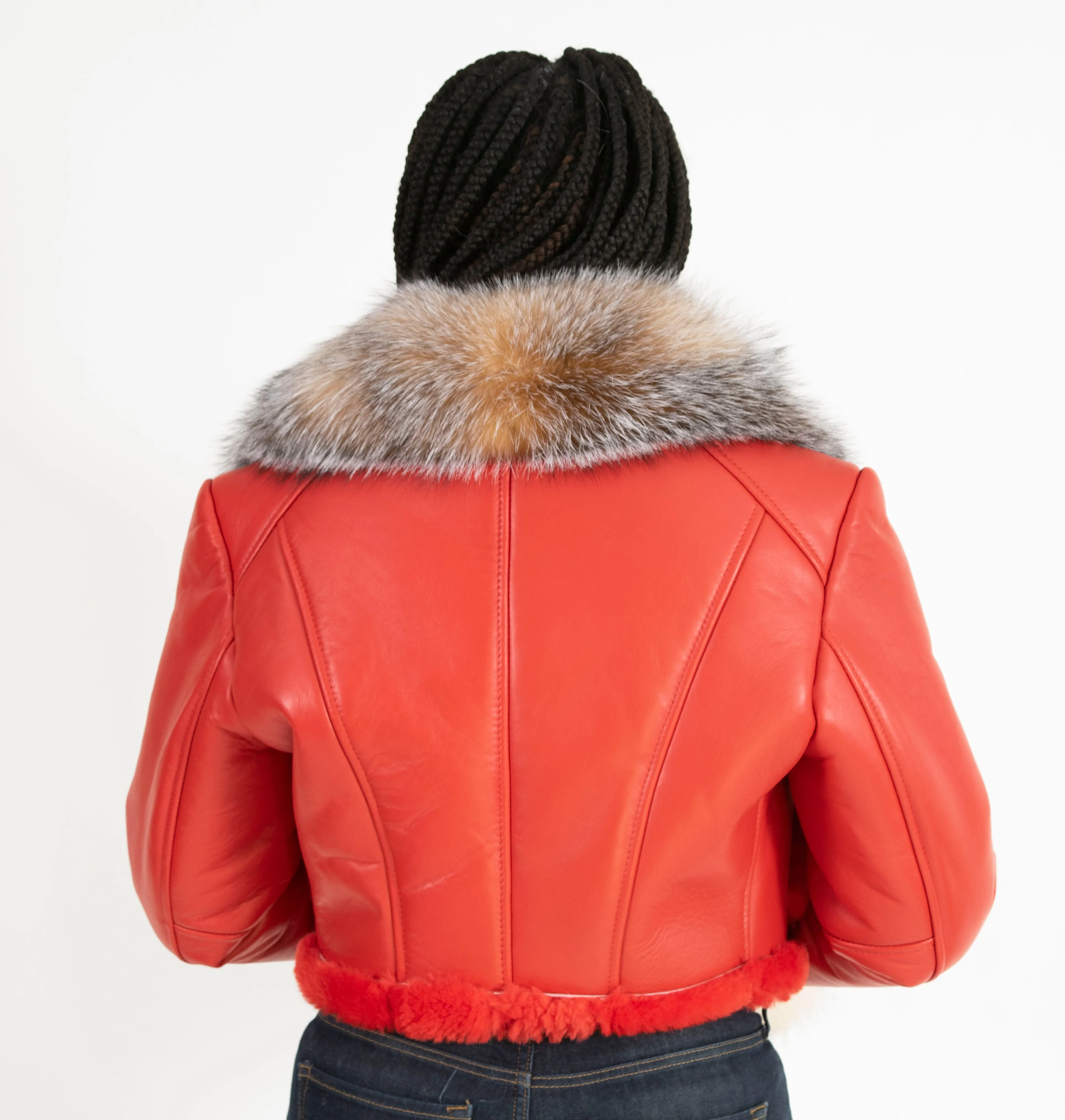 Women's Short Crop Shearling Sheepskin Leather Jacket with Crystal Fox Fur Style #1019