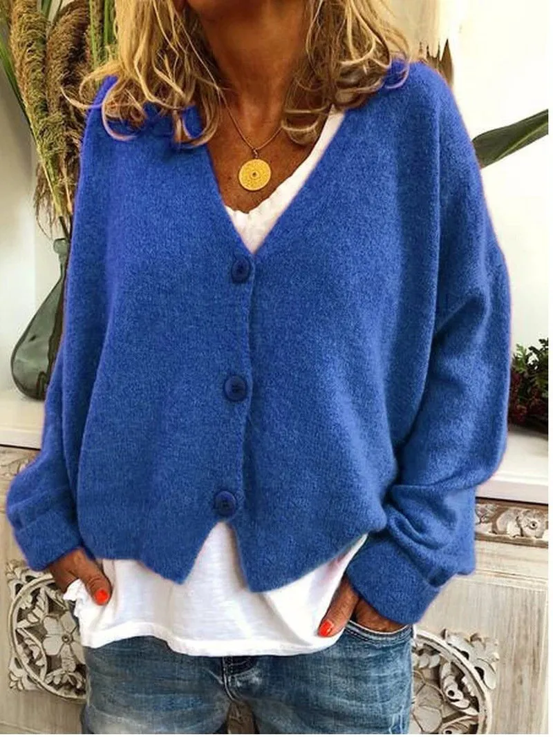 Women's v neck button up cardigan sweater knit solid color oversized sweater