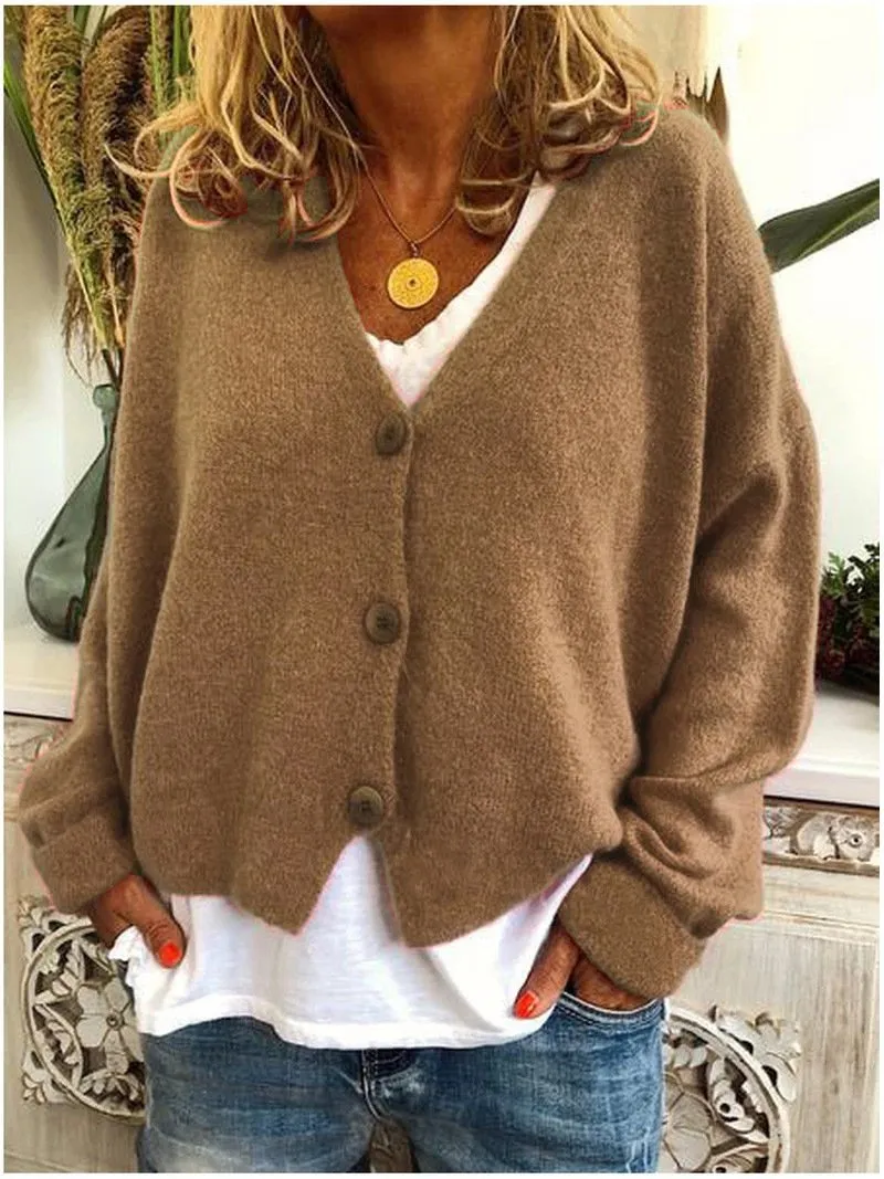 Women's v neck button up cardigan sweater knit solid color oversized sweater