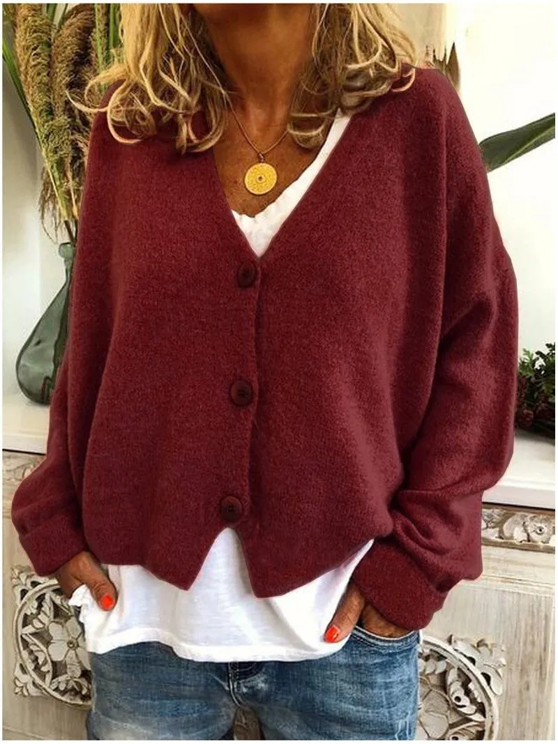 Women's v neck button up cardigan sweater knit solid color oversized sweater