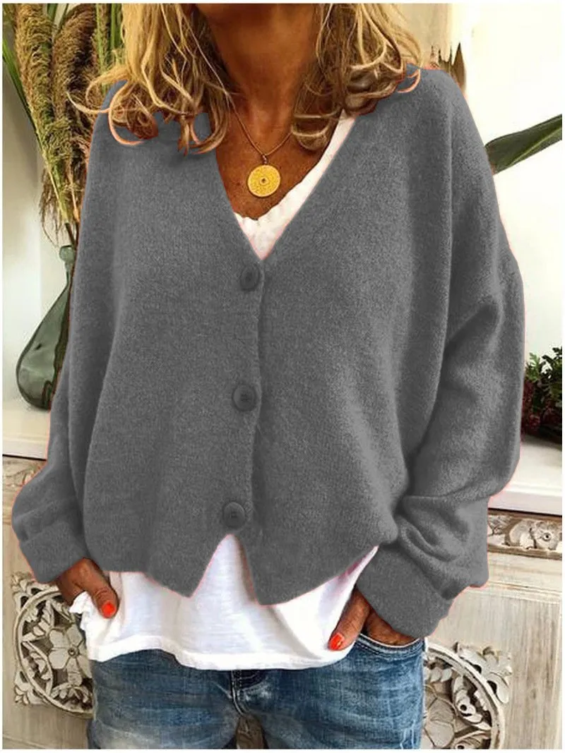 Women's v neck button up cardigan sweater knit solid color oversized sweater