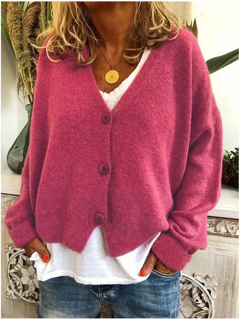 Women's v neck button up cardigan sweater knit solid color oversized sweater