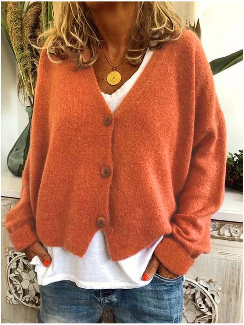 Women's v neck button up cardigan sweater knit solid color oversized sweater