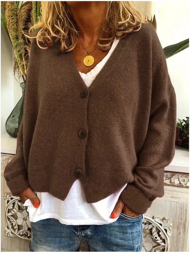 Women's v neck button up cardigan sweater knit solid color oversized sweater