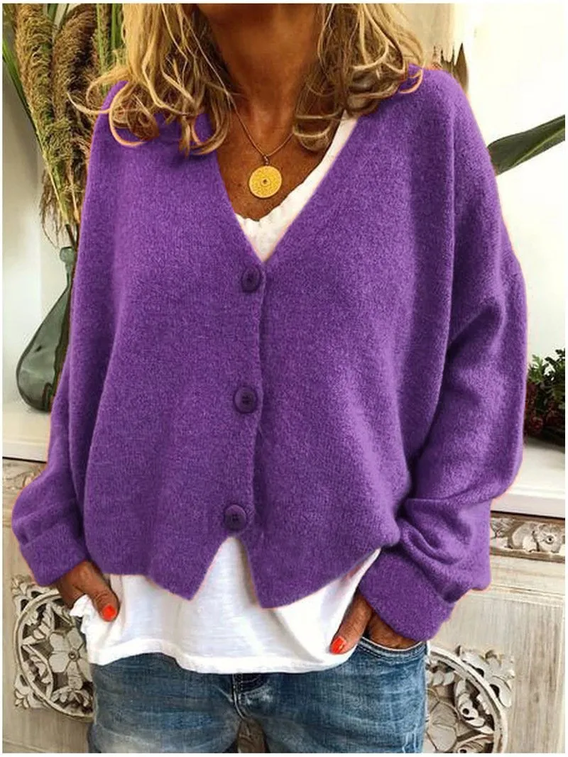 Women's v neck button up cardigan sweater knit solid color oversized sweater