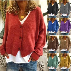 Women's v neck button up cardigan sweater knit solid color oversized sweater