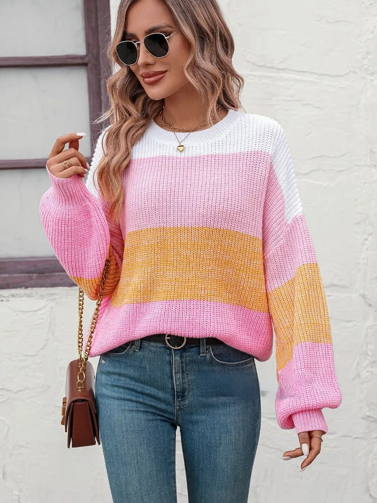 Women's Winter Blouse 2023 New Color Matching Knitted Pullover Fashion Round Neck Long Sleeve Ladies Sweater Female Clothing Top