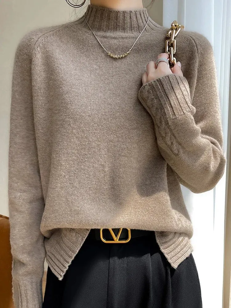 Women’s Wool Sweater Mock Neck Pullover Cashmere Raglan Sleeve Thick Loose Autumn Winter 100% Merino Wool Knitwear Warm Tops