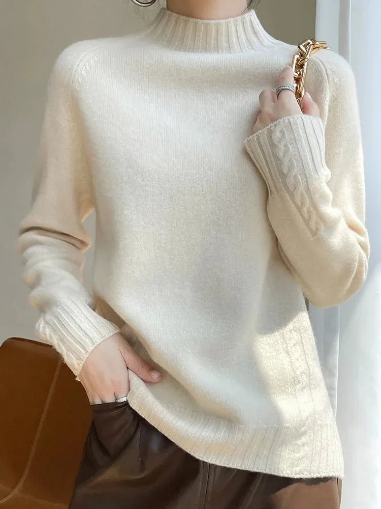 Women’s Wool Sweater Mock Neck Pullover Cashmere Raglan Sleeve Thick Loose Autumn Winter 100% Merino Wool Knitwear Warm Tops