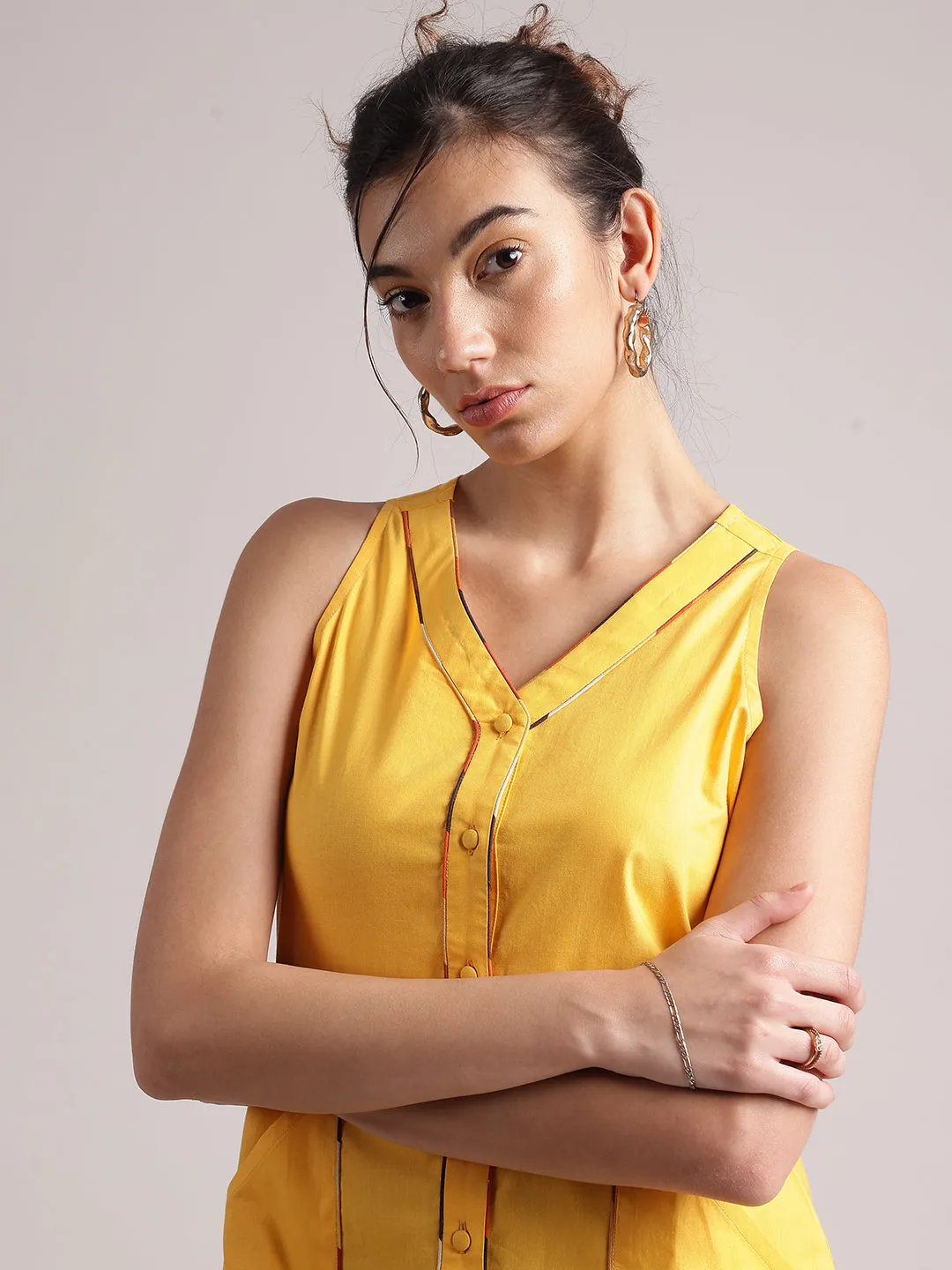 Yellow Cotton Solid Shirt Dress