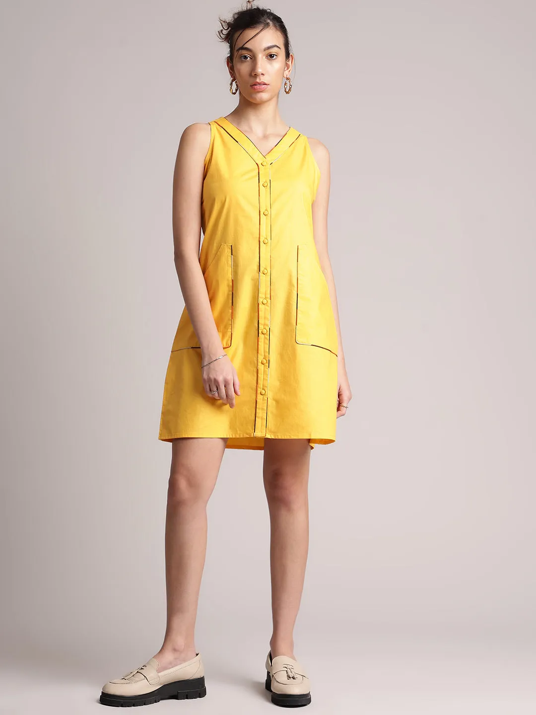 Yellow Cotton Solid Shirt Dress