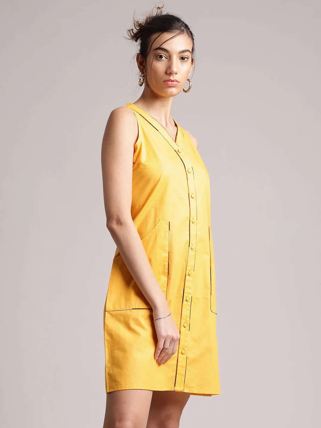 Yellow Cotton Solid Shirt Dress