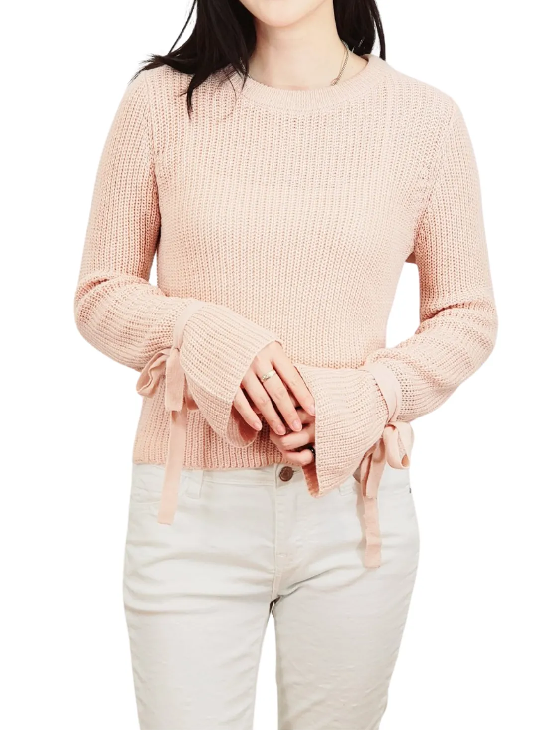 Yemak Women's Long Bell Sleeve with Bow Ties Waffle Knit Sweater Pullover MK8214