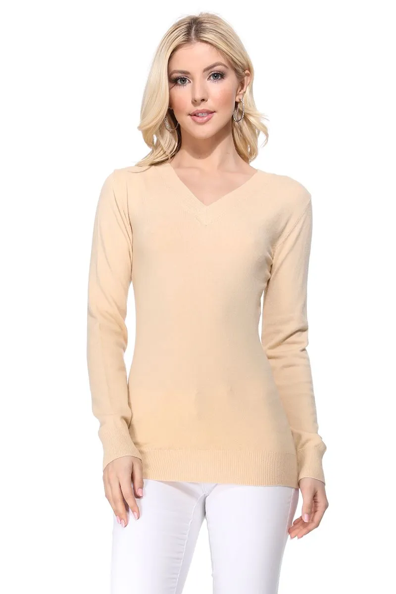 YEMAK Women's Long Sleeve V-Neck Basic Soft Knit T-Shirt Pullover Sweater MK5501 (S-XL)